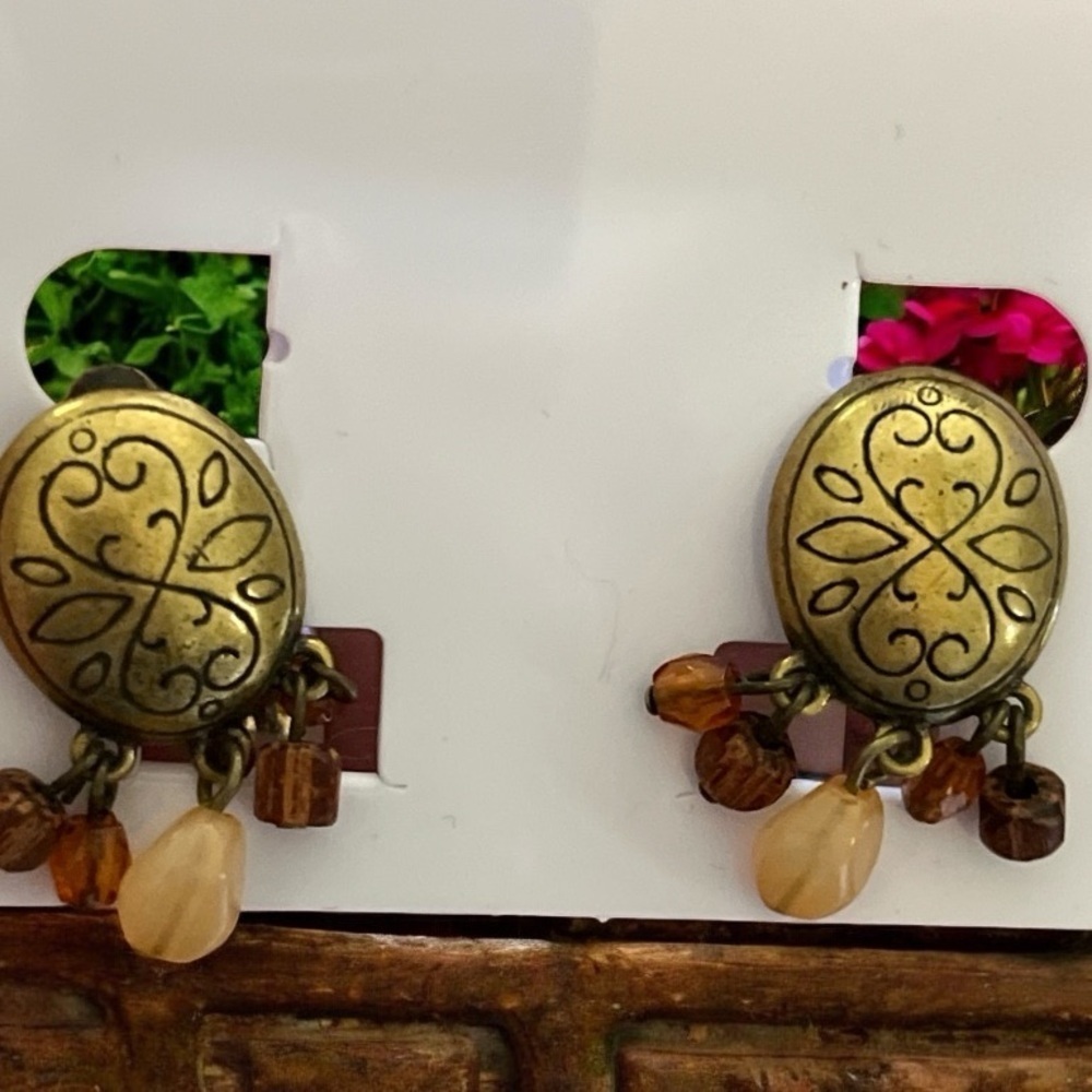 Napier Vintage Gold and Brown Dangle Clip On Screw Back Earrings